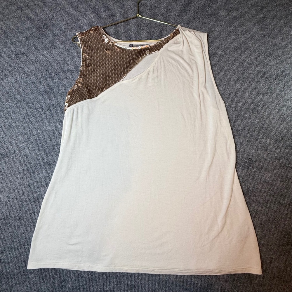 Jennifer Lopez Women XL Ivory Sleeveless Top Bronze Sequin Asymmetrical Tank